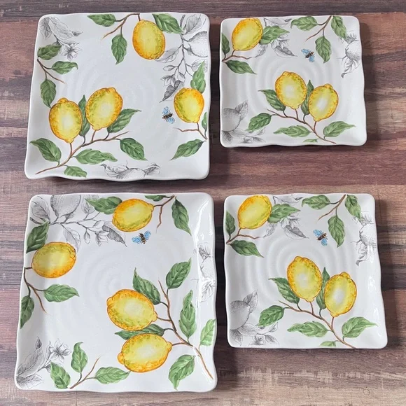 Maxcera Sketch Lemon Shabby Chic Dinner Desert Appetizer Square Plates Set of 4 - Picture 5 of 15